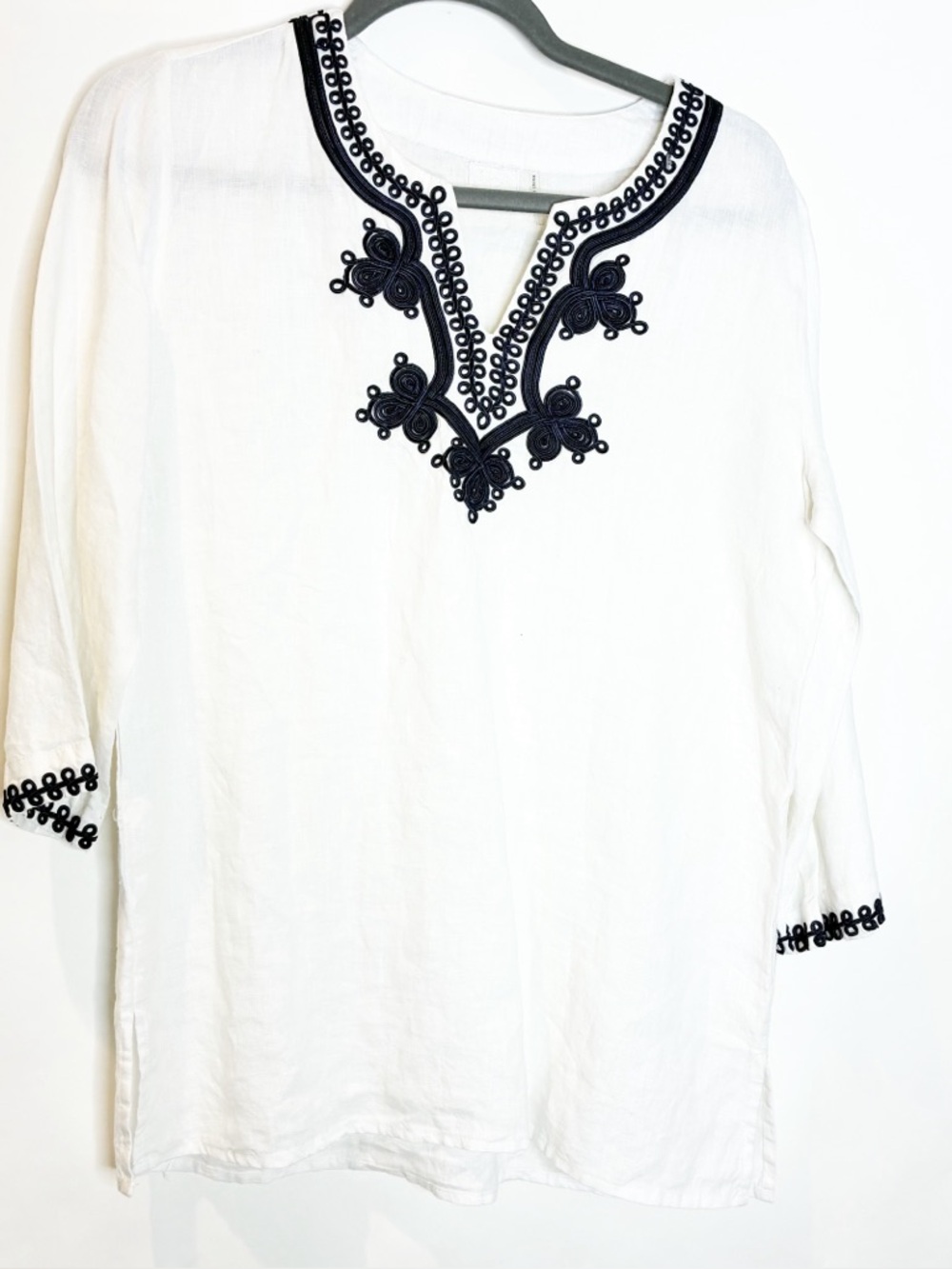 Symple NYC Tunic White Linen Navy Blue Detail Boho Blouse Top